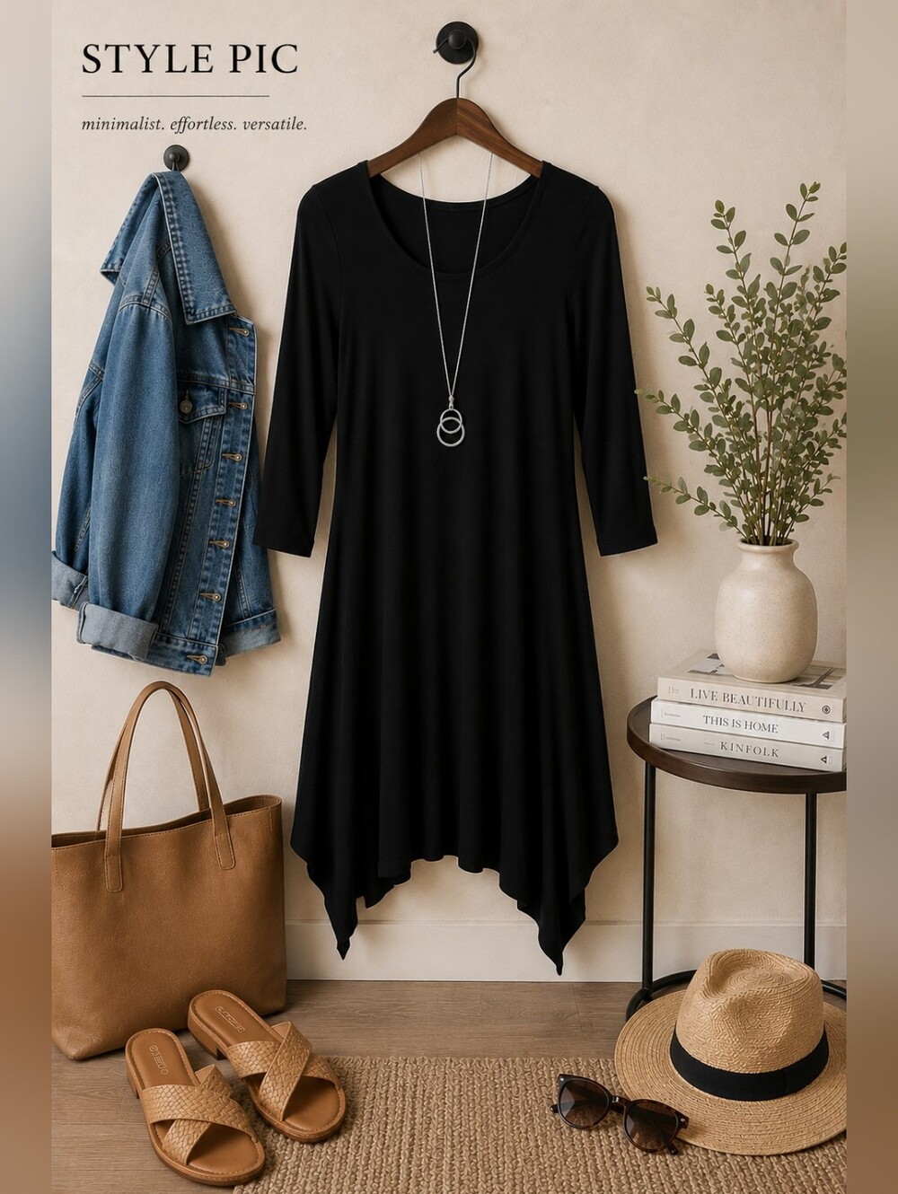 Eileen Fisher Black Viscose-Spandex Pull-On Dress – Minimalist, Flowy, Classic